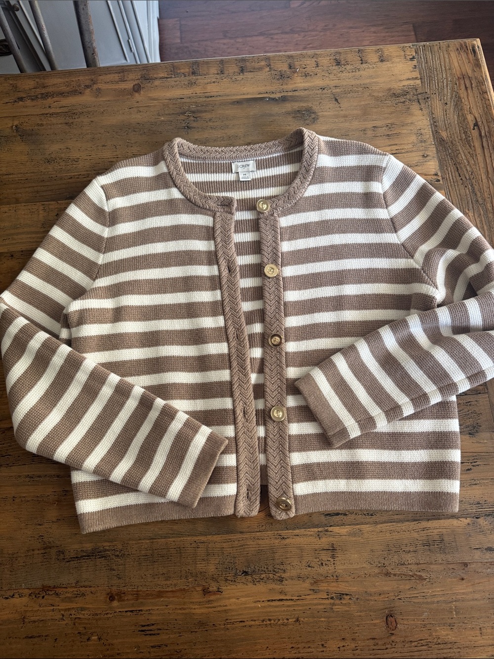 J. Crew Beige and White Striped Gold Button-Front Cardigan